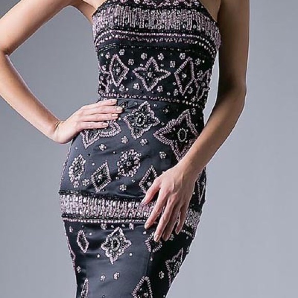 Black Satin Embellished Formal Dress - Picture 6 of 8